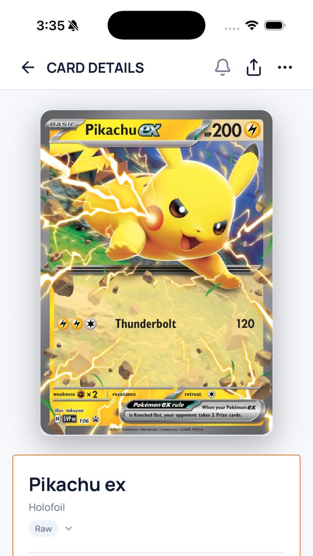 HoloSnap card detail screen showing a Pikachu ex promo card with its printing and variant selector