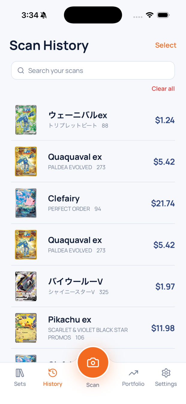 HoloSnap scan history with six priced Pokémon cards, English and Japanese