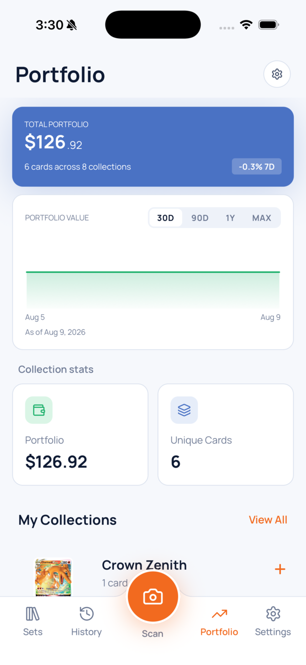 HoloSnap portfolio screen with total collection value and a 30-day value chart