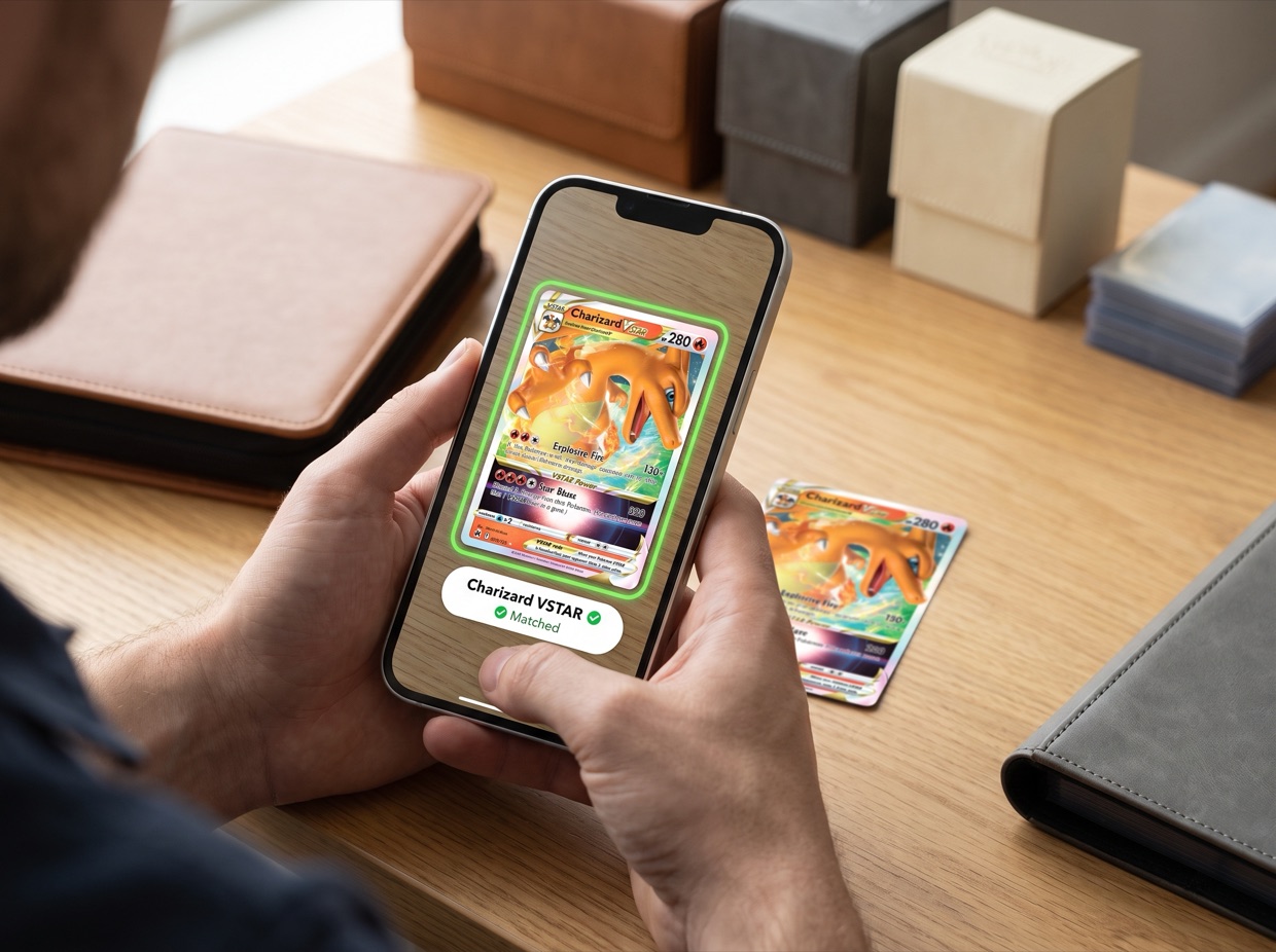 Hands holding a phone scanning a Charizard VSTAR card with HoloSnap